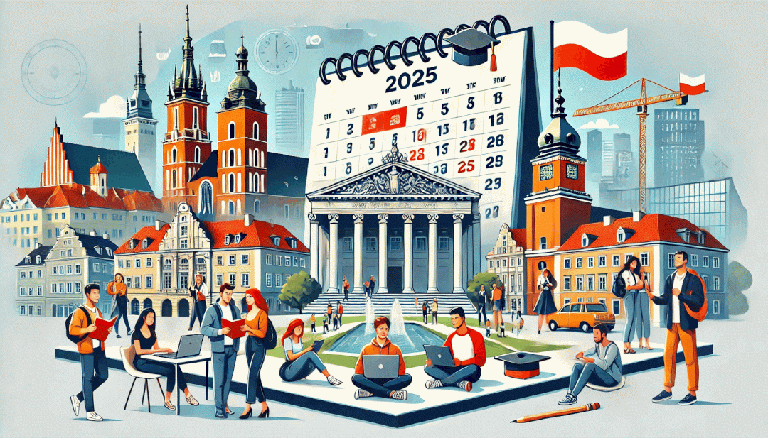 Візуальна графіка з календарем ключових дат вступу до польських університетів у 2025 році