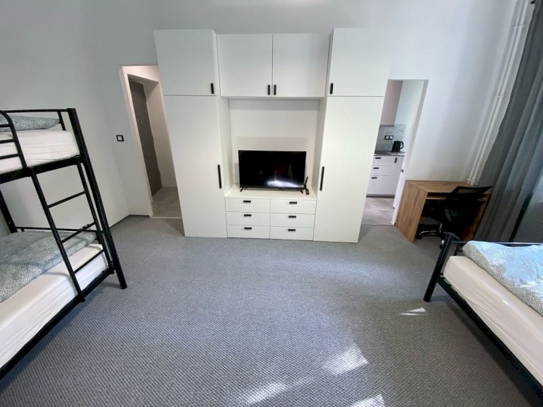 Простора кімната з шафою та телевізором у гуртожитку Student-House Domaniewska