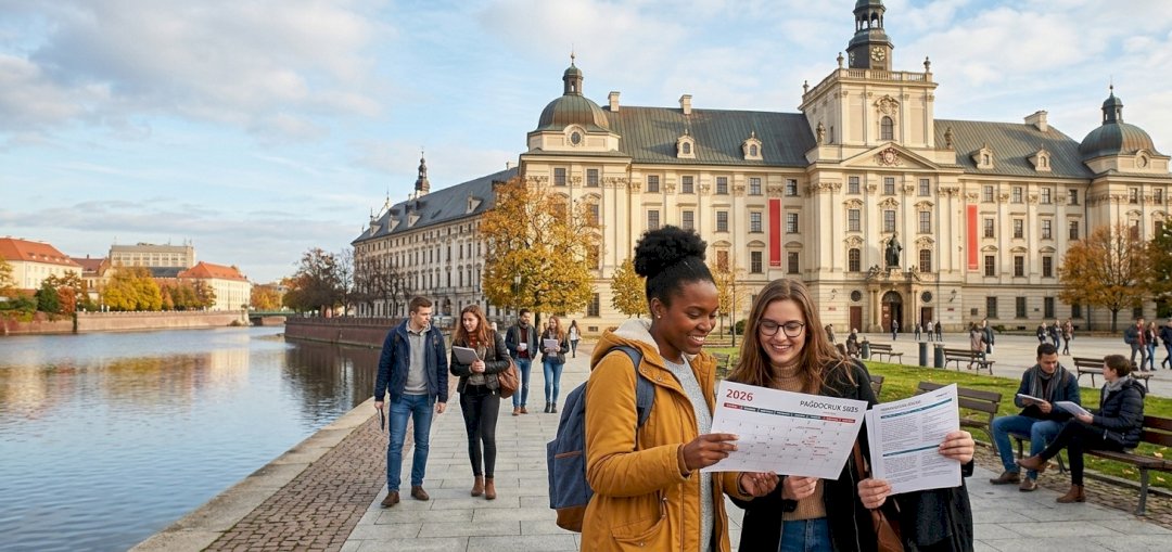 Студенти Вроцлавського університету на тлі головного корпусу переглядають документи про умови та терміни вступу року.